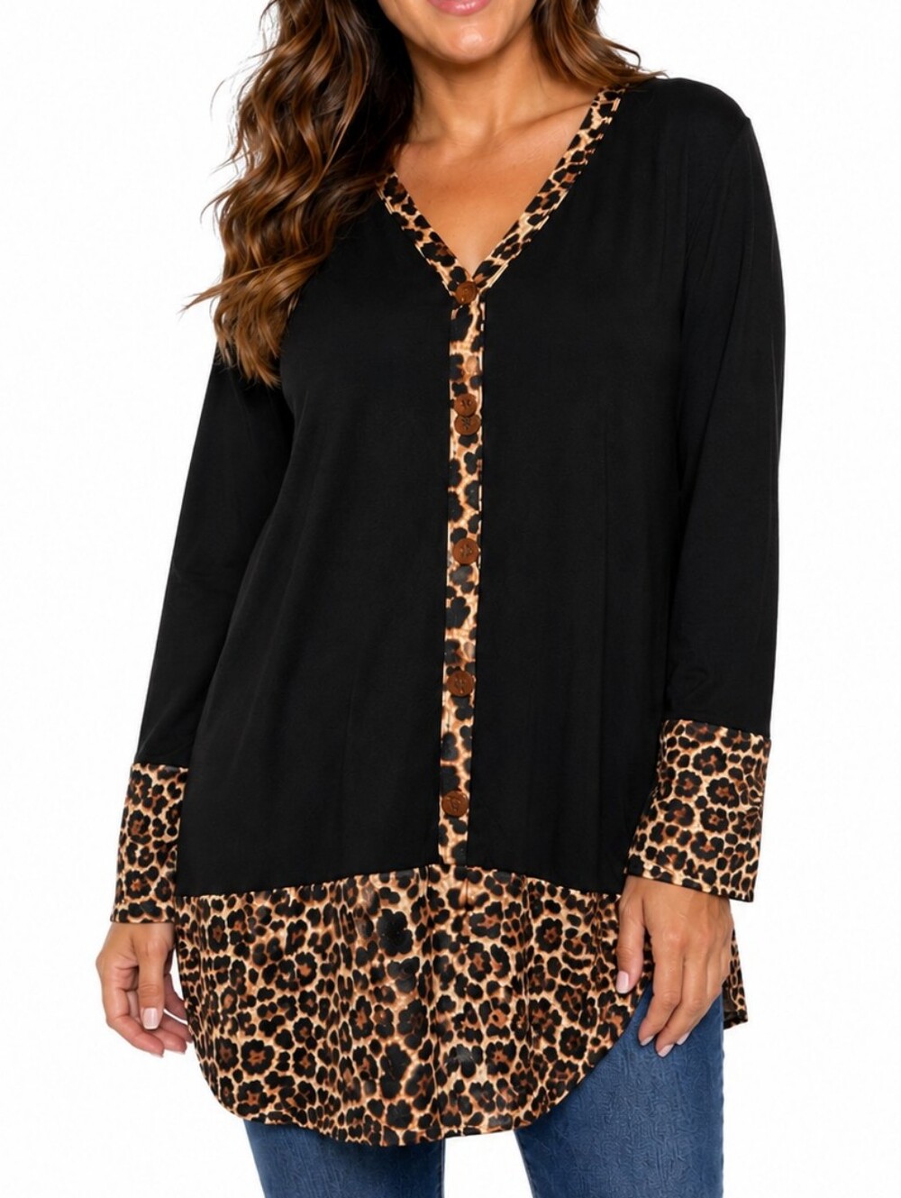 Black Leopard Trim Button-Front Tunic